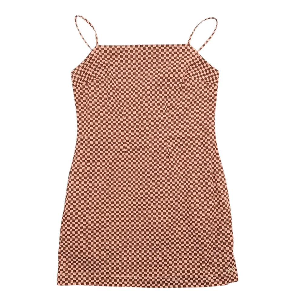 Levis Womens Brown Pink Checkered Cotton Mini Dress Square Neck Pockets Large